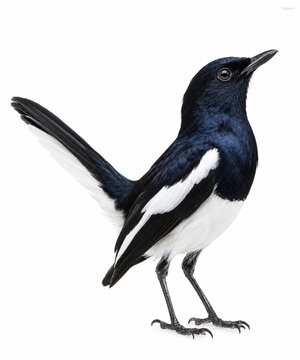 This is a photo of a Kacer magpie bird in black and white isolated. 