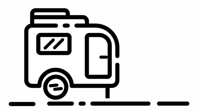 Campervan video with minimalist black and white trailer icon. Ideal for travel blogs, rv rental services, and outdoor adventure promotions.