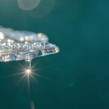 Macro shot of a crystal clear water drop hanging