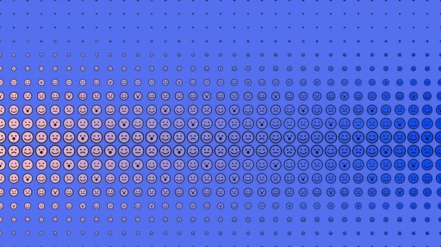 Two-tone halftone gradient background with rhythmic scaling dots and emotion icons in blue and orange.