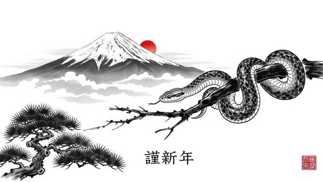 Japanese ink wash painting of a snake with Mount Fuji for New Year celebration