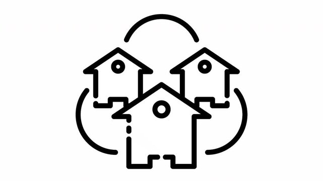 Remote connection video of three house icons featuring a simple circular design.