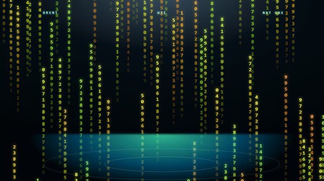 Digital binary code rain falling over a glowing blue futuristic holographic platform background