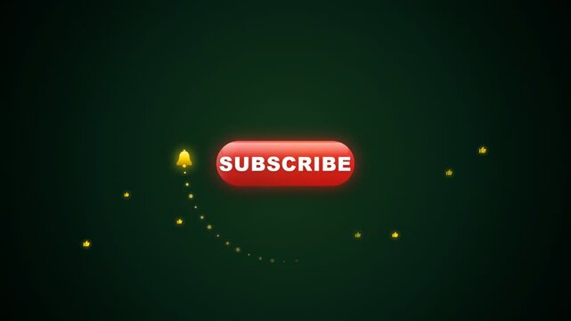 Animated Red Subscribe Button with Golden Notification Bell and Sparkling Particles on Dark Green Background