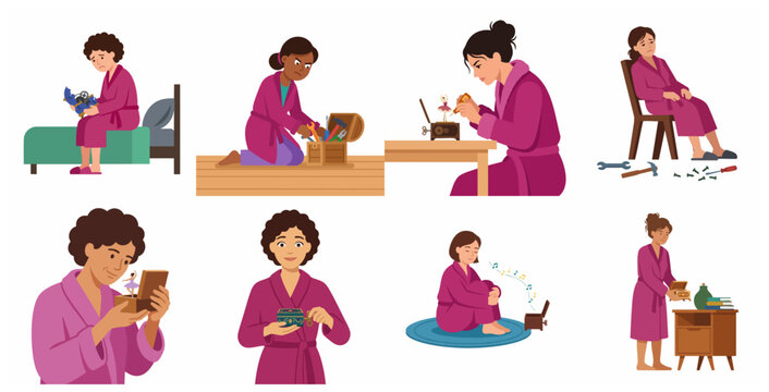 Set of vector illustrations depicting a woman's emotional journey of repairing a broken vintage music box, showing sadness, determination, and final joy.