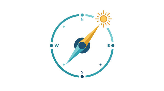 Navigational compass pointing toward a radiant sun icon in a modern flat vector style for business strategy and personal growth branding
