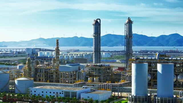 Aerial view of a modern petrochemical refinery plant with storage tanks, tall distillation columns, and distant hills under clear bright sunlight.
