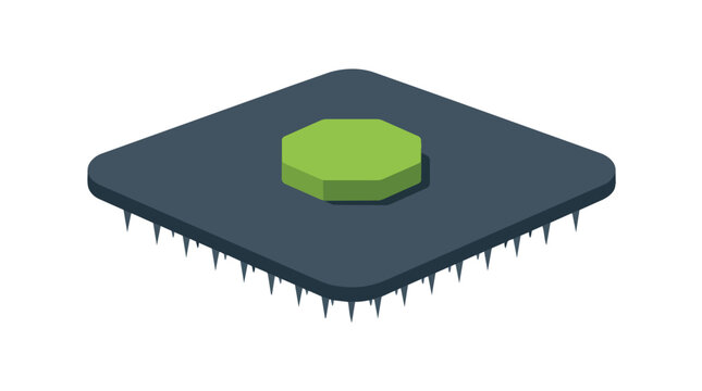 Semiconductor cpu hardware chip with green octagonal core in isometric flat vector design for high-performance computing services