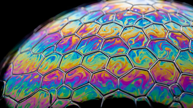 Macro photography of a soap bubble surface exhibiting hyper realistic iridescent rainbow colors forced into a mathematically perfect static hexagonal grid pattern emphasizing physical data limits