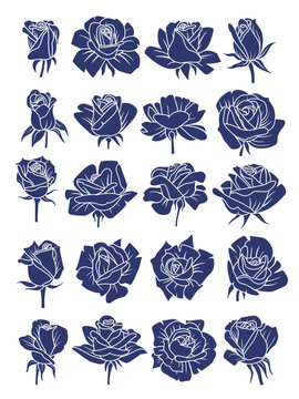 Set of monochrome outline rose flowers and rose buds silhouettes isolated on white background. Hand drawn floral design elements. Can be used for tattoos, wallpapers, wedding decors etc.