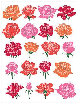 Set of colorful outline rose flowers and rose buds silhouettes isolated on white background. Hand drawn floral design elements. Can be used for tattoos, wallpapers, wedding decors etc.