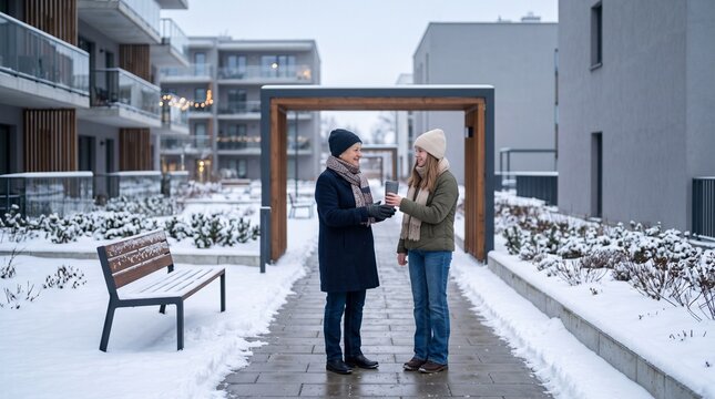 Grandmother and teen pause after courtyard walk