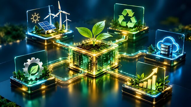 Green plant cube connected to glowing digital icons representing sustainable technology renewable energy and eco-friendly network