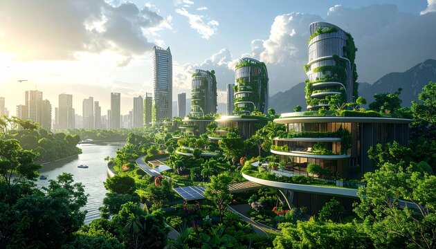 Futuristic Green Cityscape - Sustainable Architecture and Lush Vegetation.
