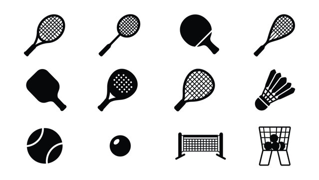 Collection of various racket sports equipment and accessories icons