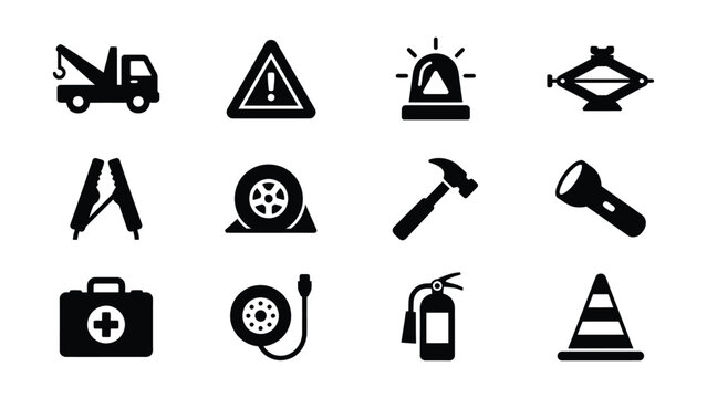 Set of black and white icons for roadside assistance and emergency tools