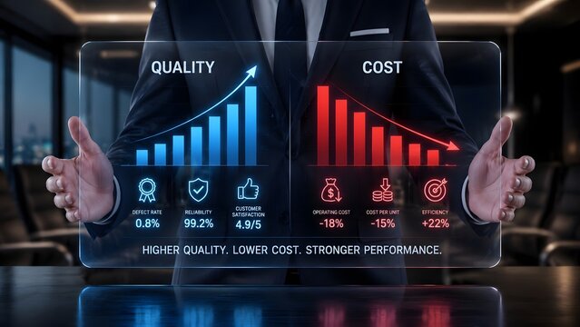 Businessman presenting transparent digital dashboard showing blue quality up and red cost down bar charts