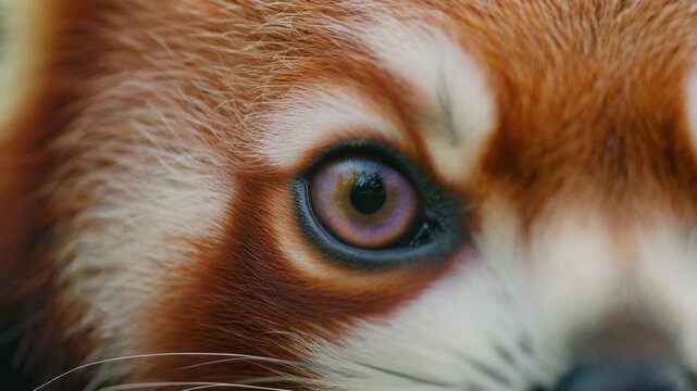 Extreme macro footage of one beautiful red panda eye with a subtle violet-purple iris