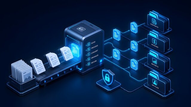 Digital document scanner machine sorting paper files into glowing secure cloud folders