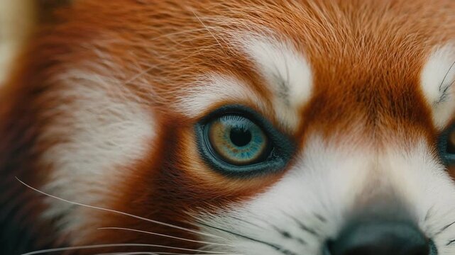Extreme macro footage of one beautiful red panda eye with a cool blue iris