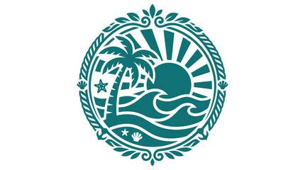 Fototapeta premium Tropical Beach Sunset Emblem with Palm Tree and Waves.