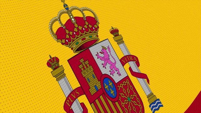 Flag of Spain waving slowly in the foreground and moving upwards.