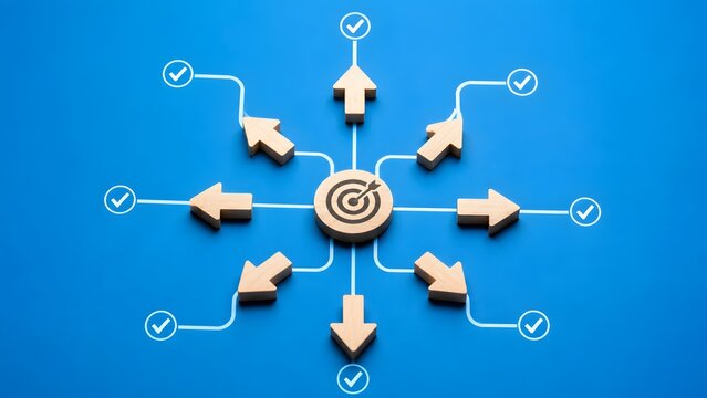 Wooden arrows pointing towards target center with checkmark icons representing goal focus and strategy