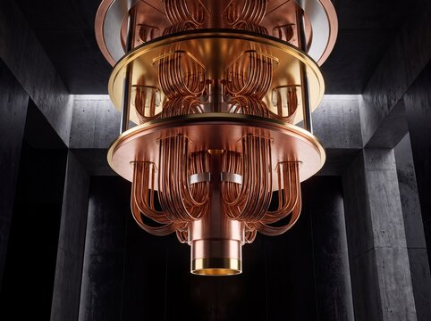 Abstract golden quantum computer structure suspended in a dark chamber