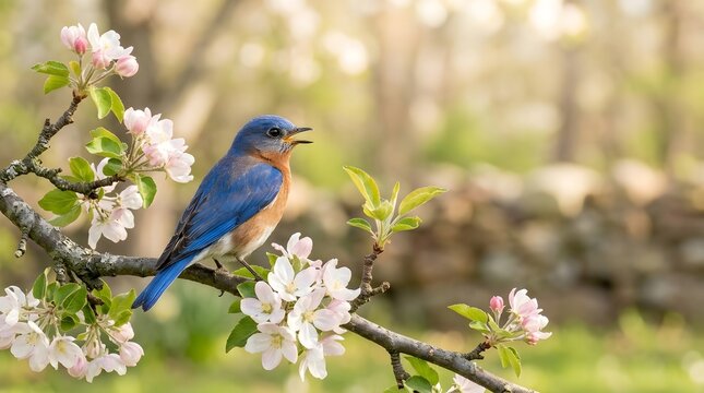 Bluebird sings while perched on a blooming apple tree branch, capturing a peaceful moment in the spring orchard.