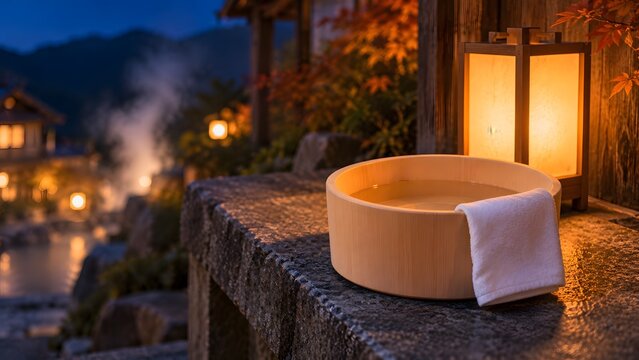 秋の夜の温泉街 白木の湯桶と手ぬぐい 行灯の灯る旅館の湯上がり