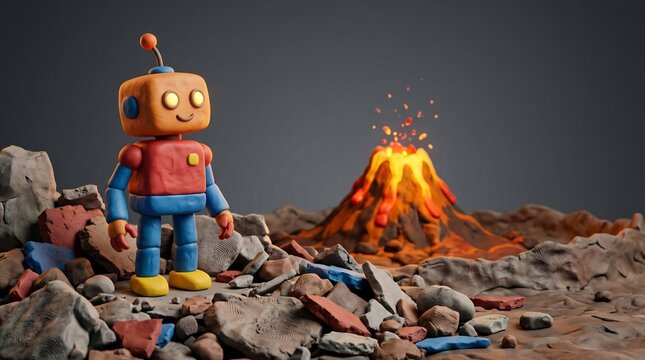 Playful claymation robot standing on rocky volcanic terrain with an erupting volcano, colorful stop-motion animation character, fun science fantasy scene, imaginative craft world.