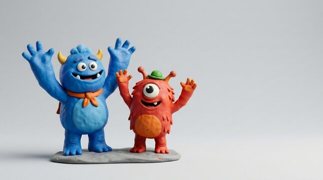Claymation monster friends, blue horned beast and orange one-eyed cyclops, celebrating with arms raised, joyful plasticine characters, fun handcrafted toy figures for kids content.