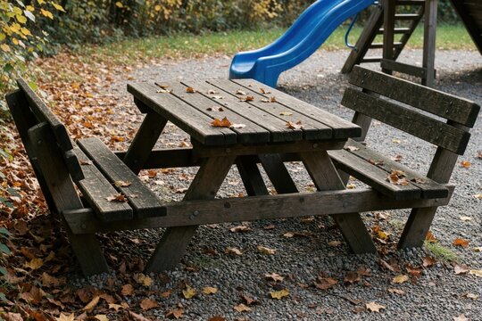 Wooden picnic table and benches sit empty in autumn park. Fallen leaves cover ground near gravel path and blue playground slide. Outdoor area awaits family fun.