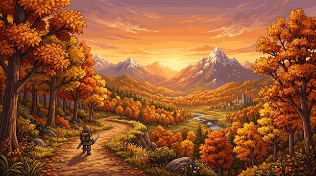 Pixel art adventurer walking toward a valley at autumn sunset, retro RPG fantasy landscape with snow-capped mountains, golden forest path, 16-bit video game aesthetic background.