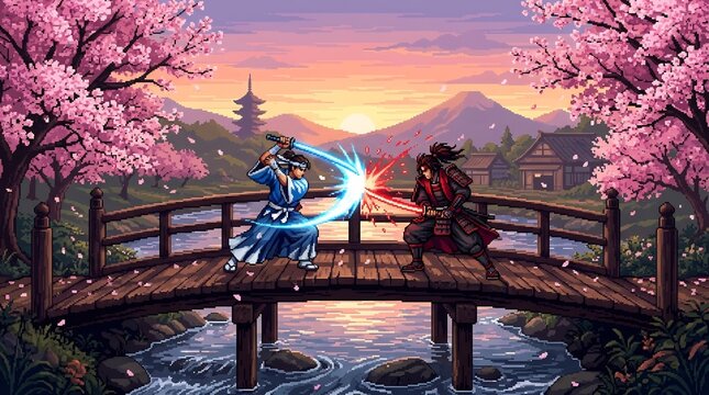 Pixel art samurai duel on a wooden bridge at sunset, cherry blossoms and Mount Fuji background, epic katana clash, retro 16-bit video game aesthetic, traditional Japanese scene.