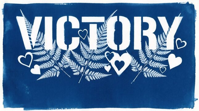 VICTORY stencil text on deep blue cyanotype background with organic fern leaves and hearts, celebratory achievement concept, handmade artistic sun print, botanical art style.