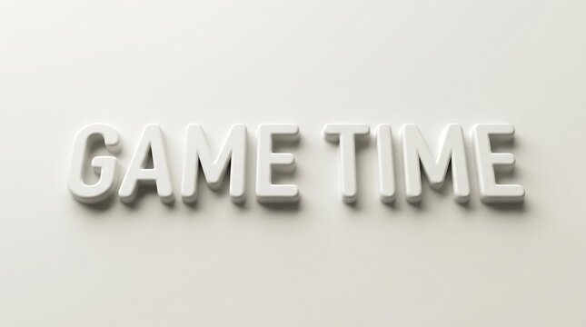 GAME TIME 3D white lettering on minimalist background, clean plastic embossed text for gaming, sports, competition, and fun entertainment themes, modern graphic element.