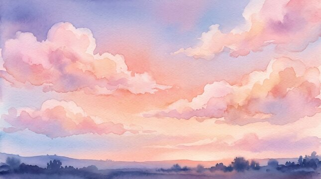 Ethereal watercolor sunset sky with pink and purple puffy clouds, serene landscape silhouette, dreamy atmospheric background, artistic sunrise painting, peaceful nature scenery.