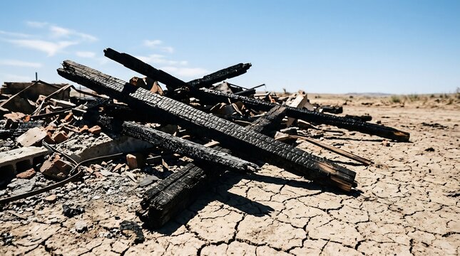 Charred wood beams and debris on cracked dry earth, wildfire aftermath, scorched earth landscape, post-apocalyptic wasteland setting, environmental disaster, drought consequences.
