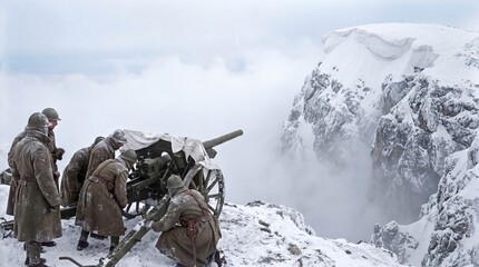 Obraz premium Historical Soldiers in Winter Mountains Aiming Artillery Cannon in Snowy Landscape