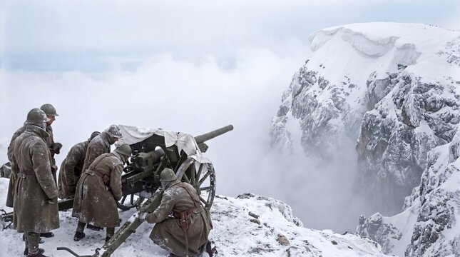 Historical Soldiers in Winter Mountains Aiming Artillery Cannon in Snowy Landscape