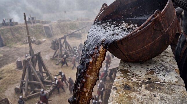 Medieval siege: Boiling pitch poured from castle parapet onto attacking army with trebuchets and catapults below