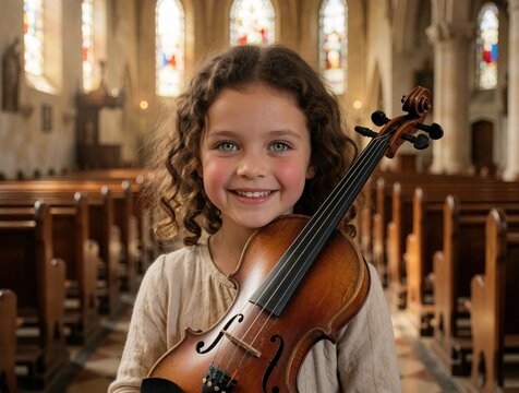 Young girl holds violin in church aisle. Smiling child with curly hair and bright blue eyes poses with musical instrument. Peaceful indoor setting with stained glass windows.
