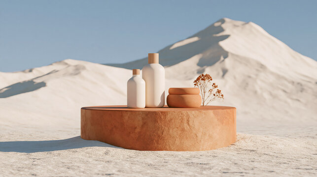 Ai generated skincare products on stone pedestal in white desert with skincare cosmetics pedestal