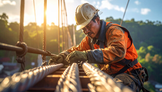 Industrial worker wearing helmet and vest repairing suspension bridge cables