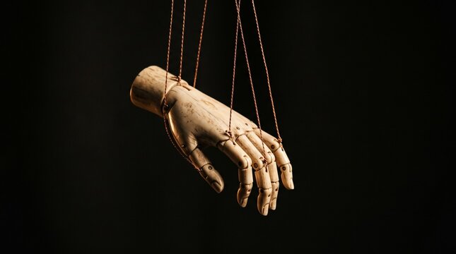A wooden marionette hand hangs suspended by multiple strings