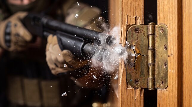 Special Forces Operator Violently Breaches Wooden Door with Shotgun Blast, Wood Fragments Exploding