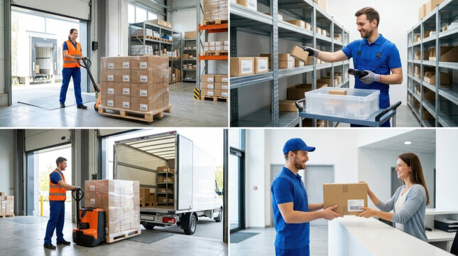 Warehouse and courier staff managing inbound and outbound shipments, scanning goods, and delivering parcels to client