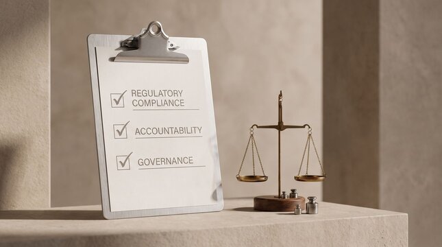 Business clipboard showing checked regulatory compliance accountability and governance categories next to a legal balance scale and weights on a minimalist stone background for business ethics.