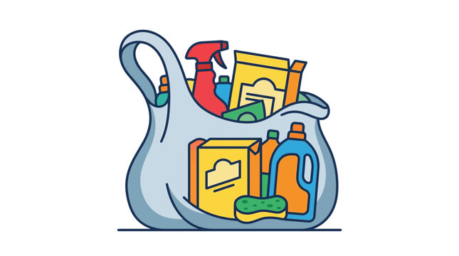Stylized vector illustration of a plastic shopping bag containing household cleaning supplies like spray bottles, detergent jugs, and boxes, isolated on a white background.